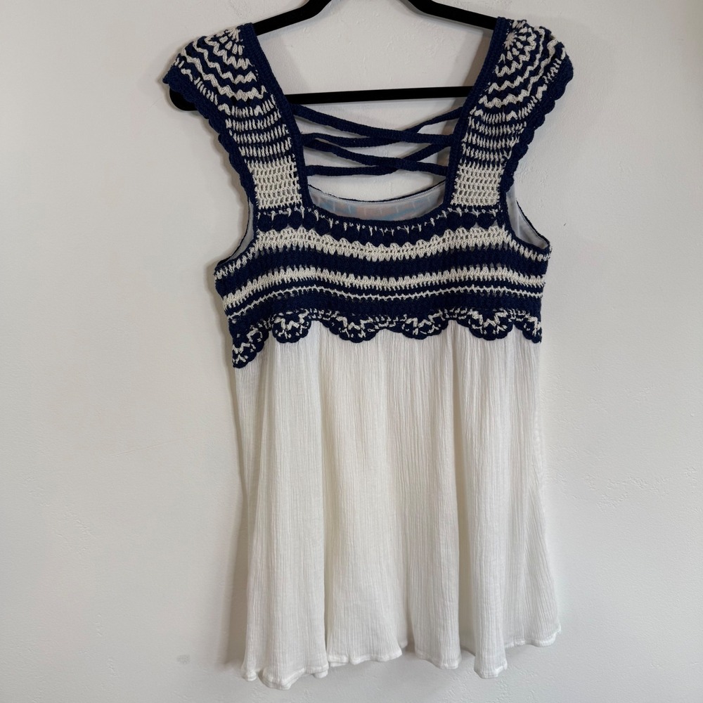 Calypso‎ St Barth Crochet Gauze Tank Top M Lace Up Back White Navy Boho Coastal - Picture 4 of 10